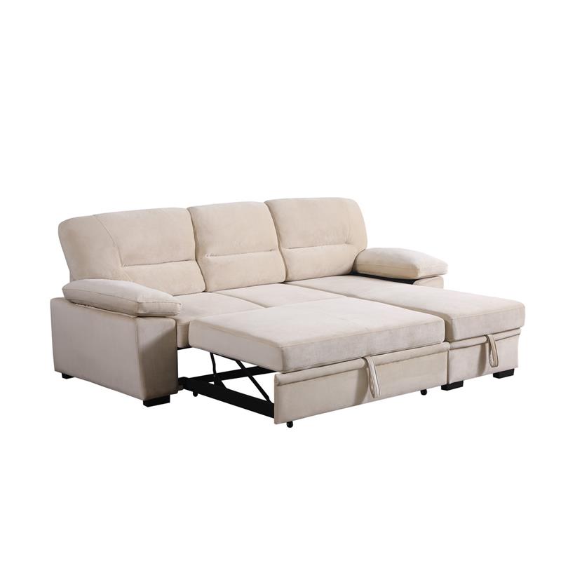 Bowery Hill Beige Velvet Fabric Reversible Sleeper Sectional Sofa Chaise