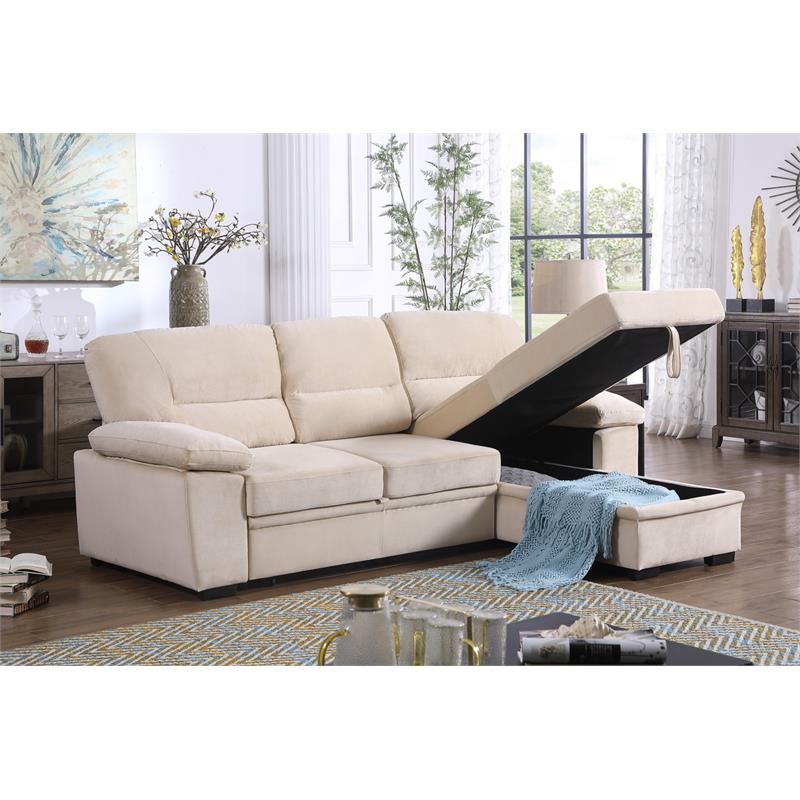 Bowery Hill Beige Velvet Fabric Reversible Sleeper Sectional Sofa Chaise