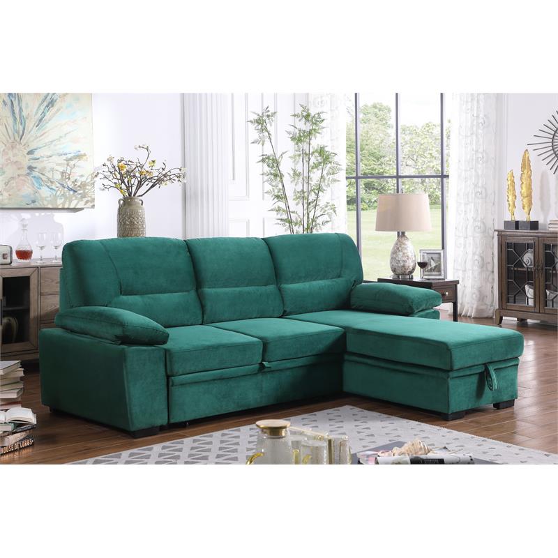 Bowery Hill Green Velvet Fabric Reversible Sleeper Sectional Sofa Chaise