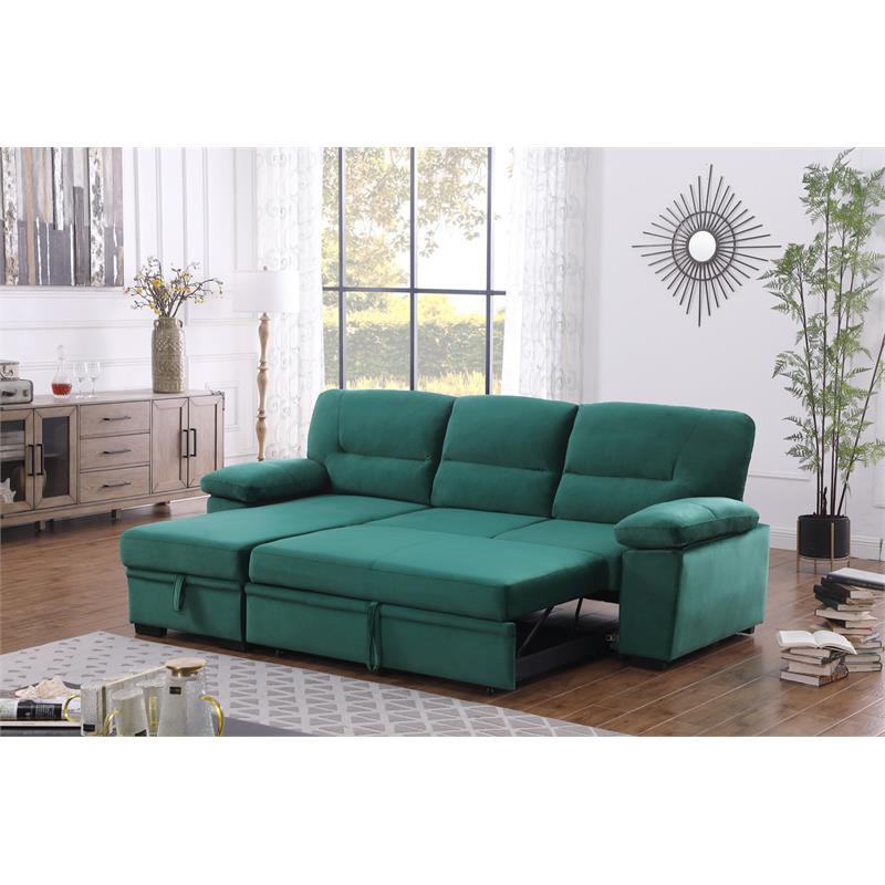 Bowery Hill Green Velvet Fabric Reversible Sleeper Sectional Sofa Chaise