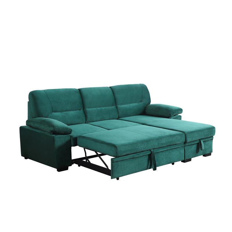Bowery Hill Green Velvet Fabric Reversible Sleeper Sectional Sofa Chaise