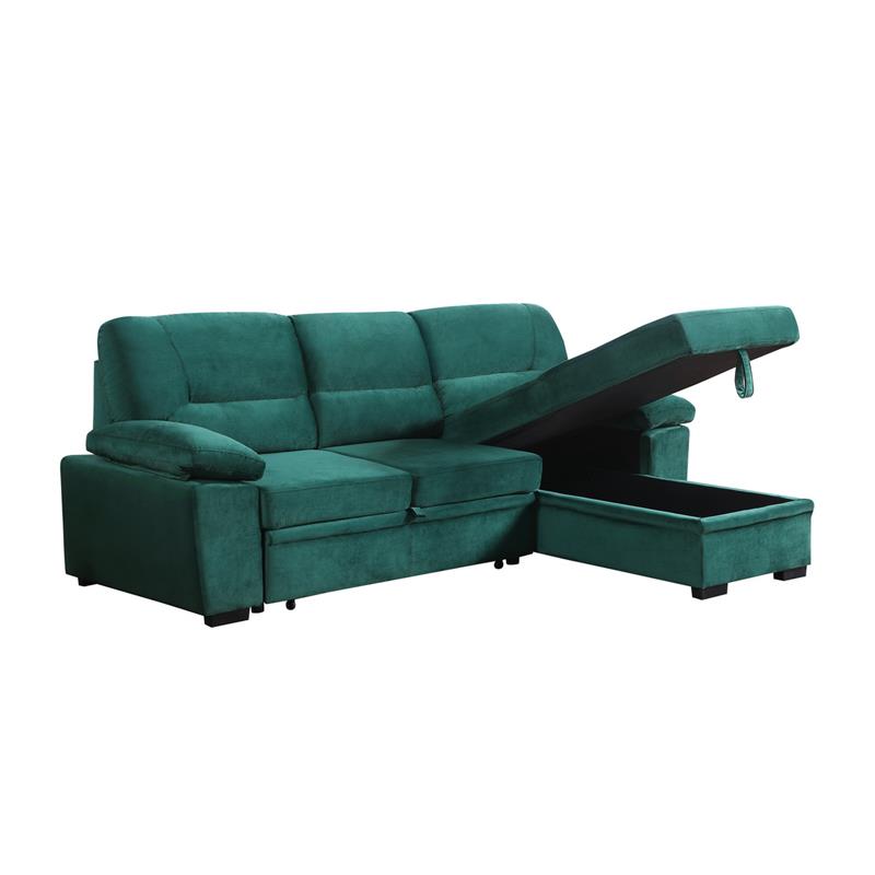 Bowery Hill Green Velvet Fabric Reversible Sleeper Sectional Sofa Chaise