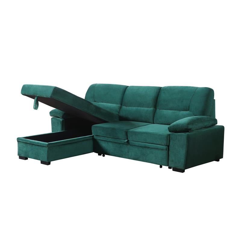 Bowery Hill Green Velvet Fabric Reversible Sleeper Sectional Sofa Chaise
