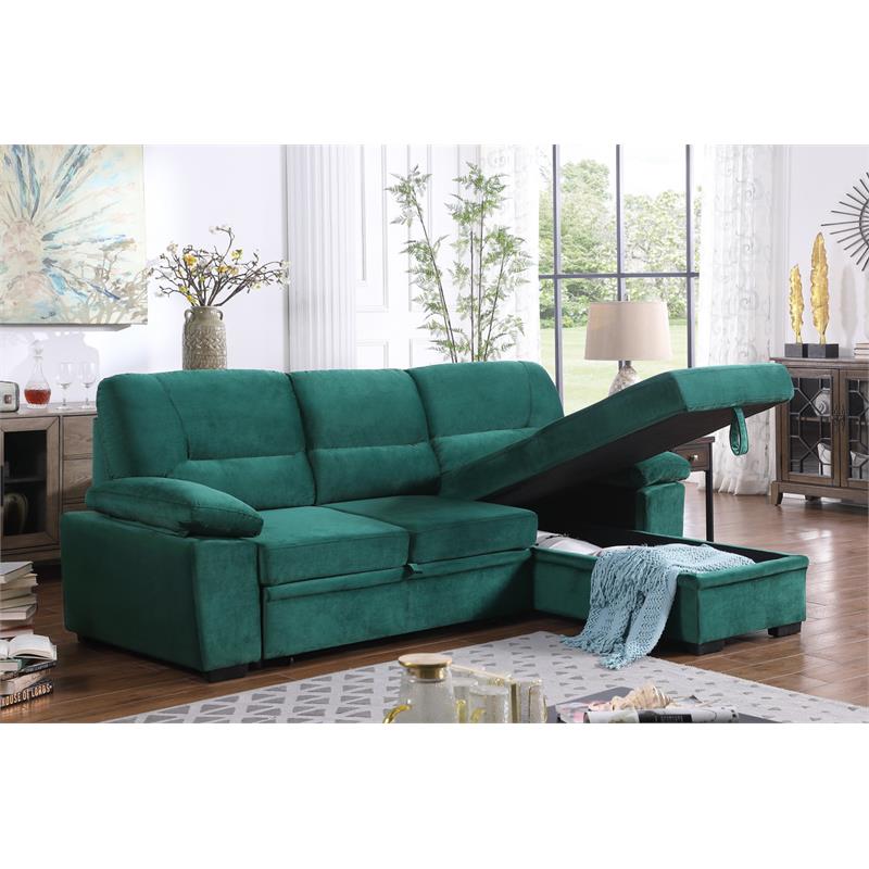 Bowery Hill Green Velvet Fabric Reversible Sleeper Sectional Sofa Chaise