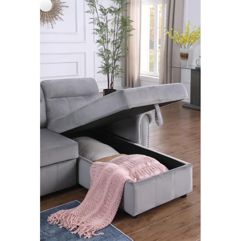 Bowery Hill Gray Velvet Fabric Reversible Sleeper Sectional Sofa Chaise