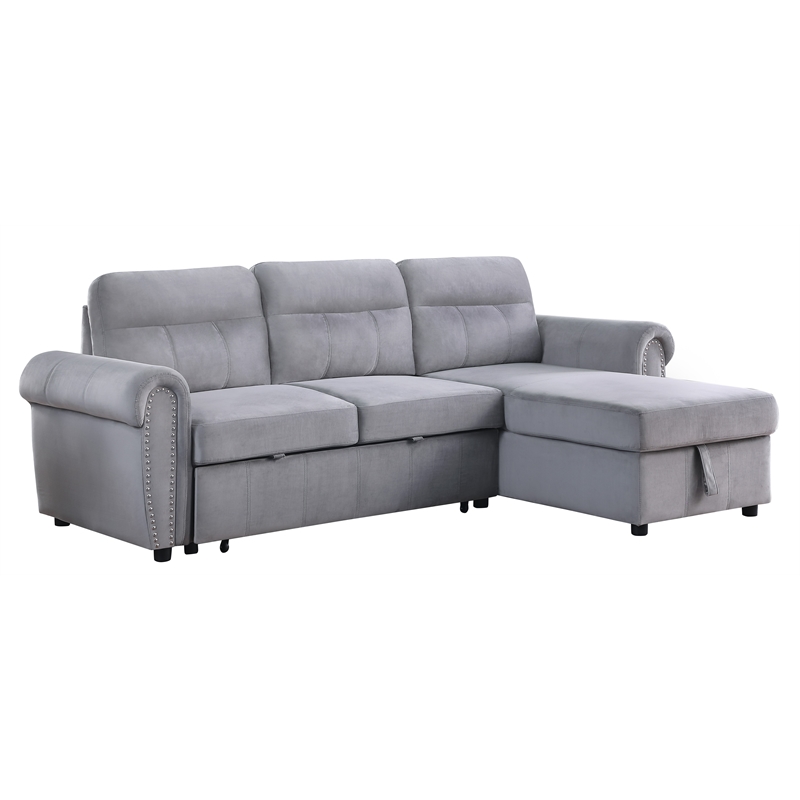 Bowery Hill Gray Velvet Fabric Reversible Sleeper Sectional Sofa Chaise