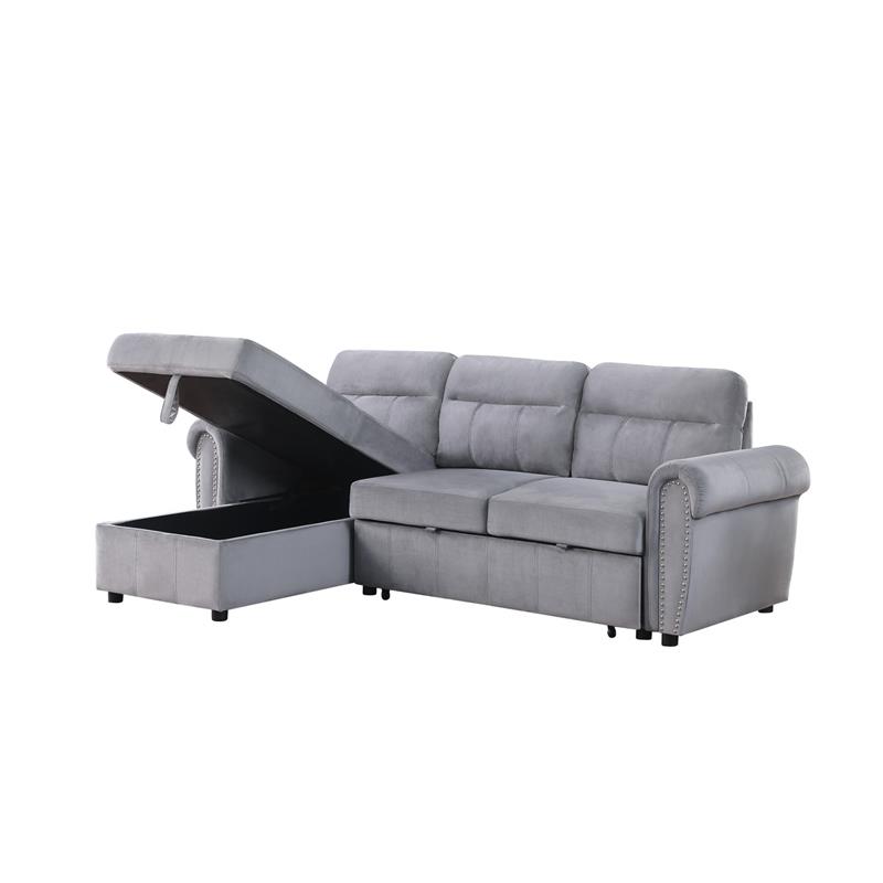 Bowery Hill Gray Velvet Fabric Reversible Sleeper Sectional Sofa Chaise