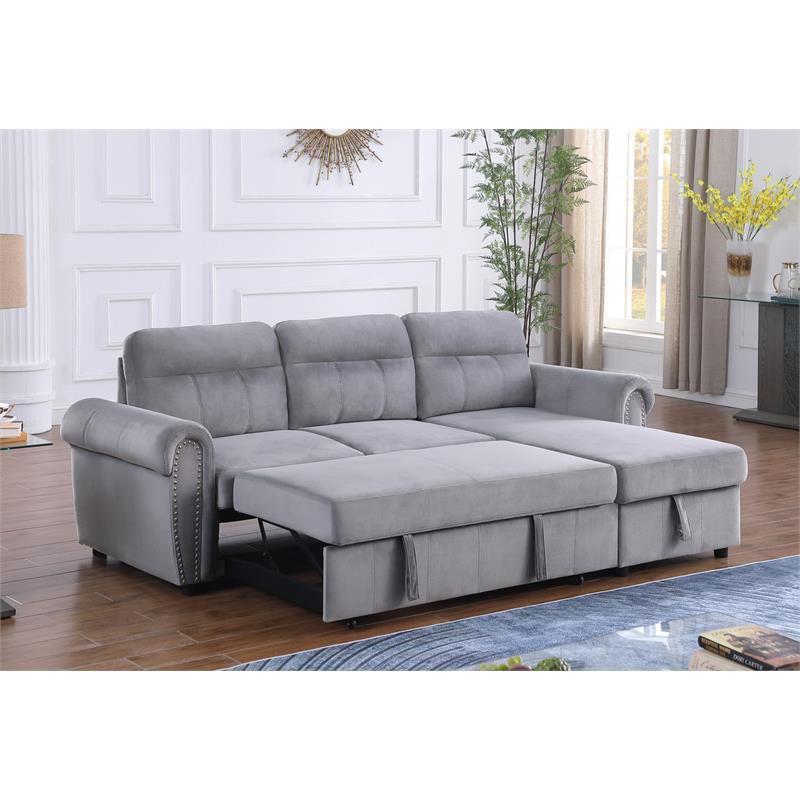 Bowery Hill Gray Velvet Fabric Reversible Sleeper Sectional Sofa Chaise