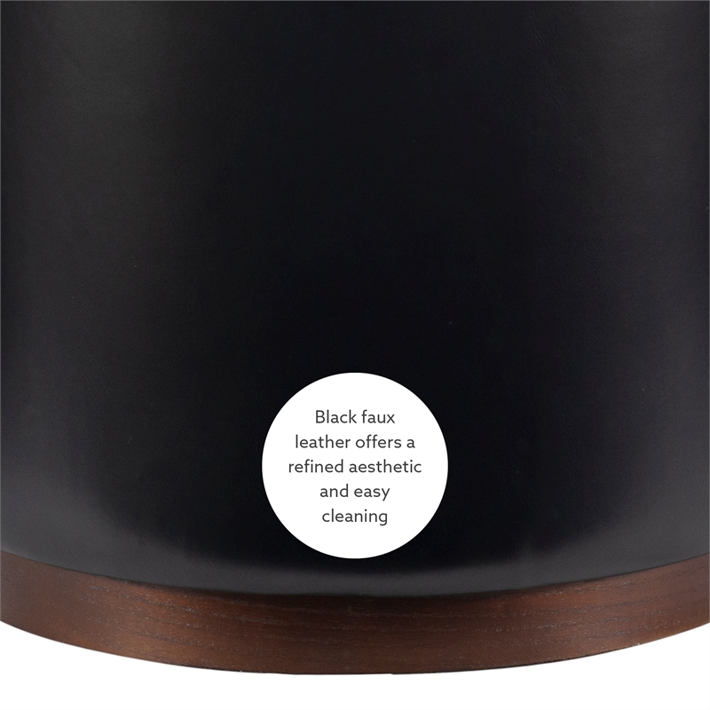 Bowery Hill Round Padded Storage Ottoman Dark Wood Trim in Black Faux Leather