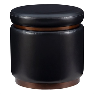 Bowery Hill Round Padded Storage Ottoman Dark Wood Trim in Black Faux Leather