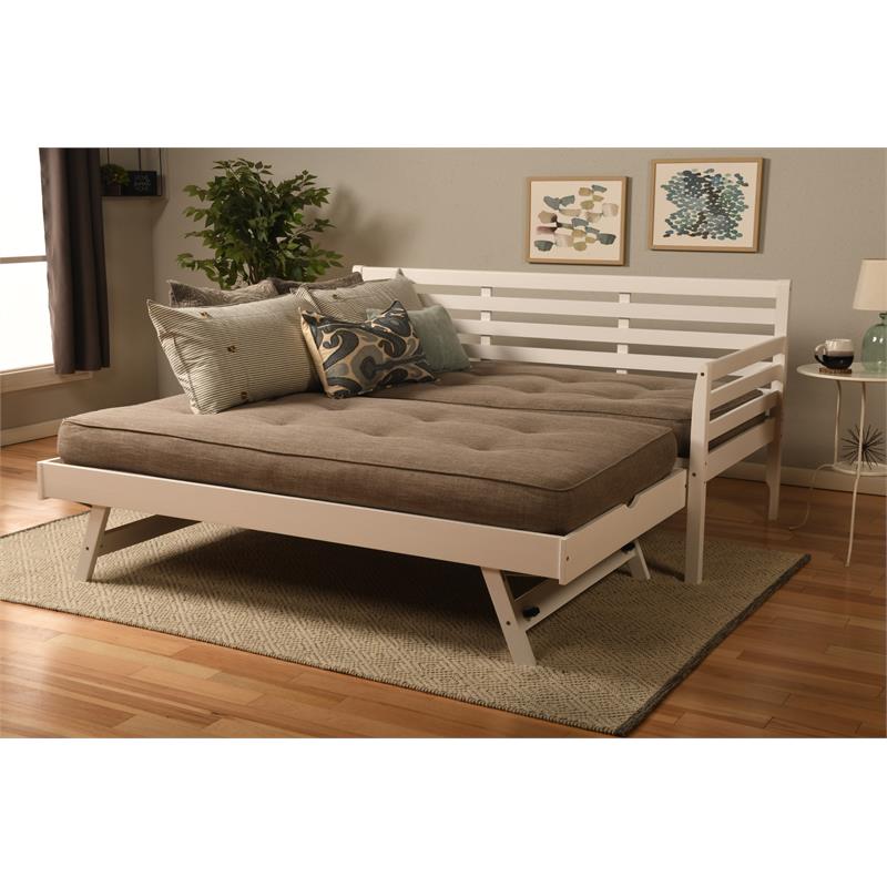 Bowery Hill Wood Daybed and Pop Up Bed in White with Linen Mattress