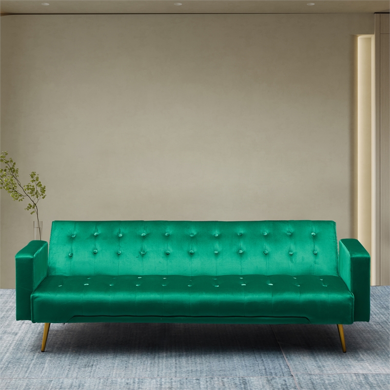 Bowery Hill Contemporary Velvet Convertible Sofa in Green Finish