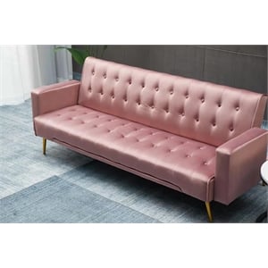 Bowery Hill Contemporary Velvet Convertible Sofa in Rose Finish