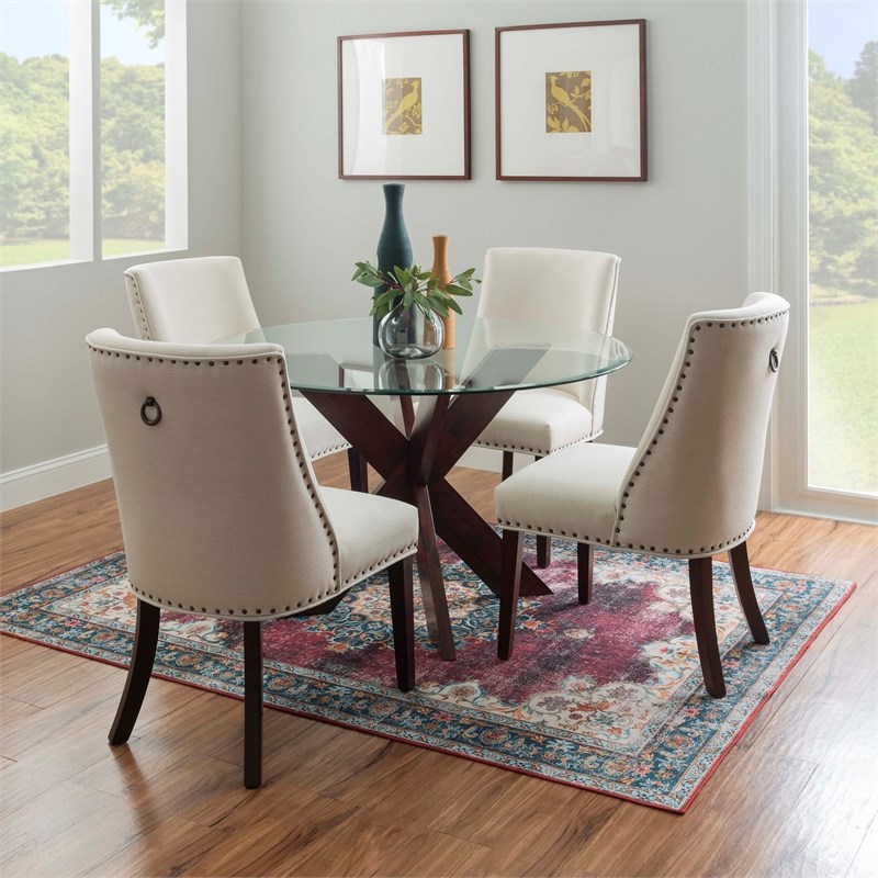 Bowery Hill 5 Pc Dining Set Natural Fabric Chairs Glass Top in Espresso Wood