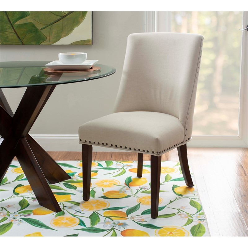 Bowery Hill 5 Pc Dining Set Natural Fabric Chairs Glass Top in Espresso Wood