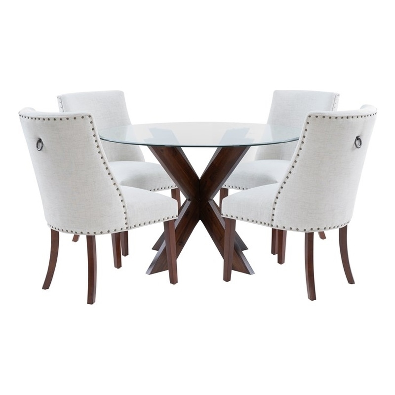Bowery Hill 5 Pc Dining Set Natural Fabric Chairs Glass Top in Espresso Wood
