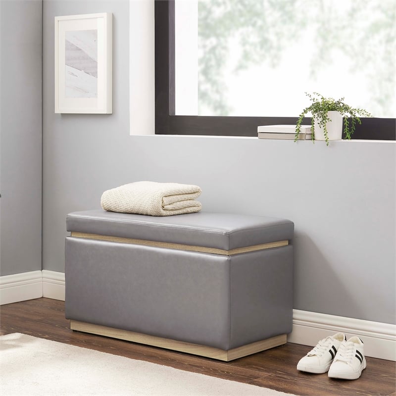 Bowery Hill Rectangle Storage Ottoman Natural Wood Trim in Grey Faux Leather