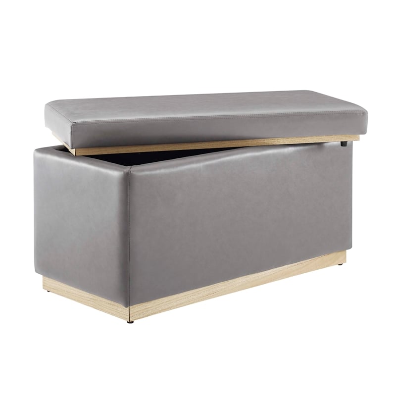 Bowery Hill Rectangle Storage Ottoman Natural Wood Trim in Grey Faux Leather