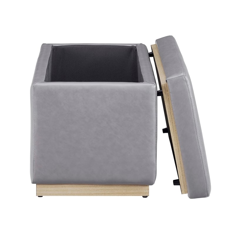 Bowery Hill Rectangle Storage Ottoman Natural Wood Trim in Grey Faux Leather