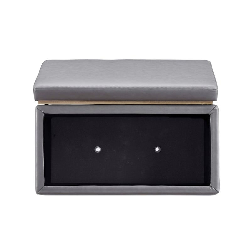 Bowery Hill Rectangle Storage Ottoman Natural Wood Trim in Grey Faux Leather