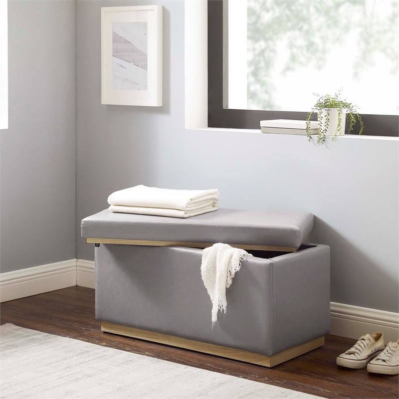 Bowery Hill Rectangle Storage Ottoman Natural Wood Trim in Grey Faux Leather