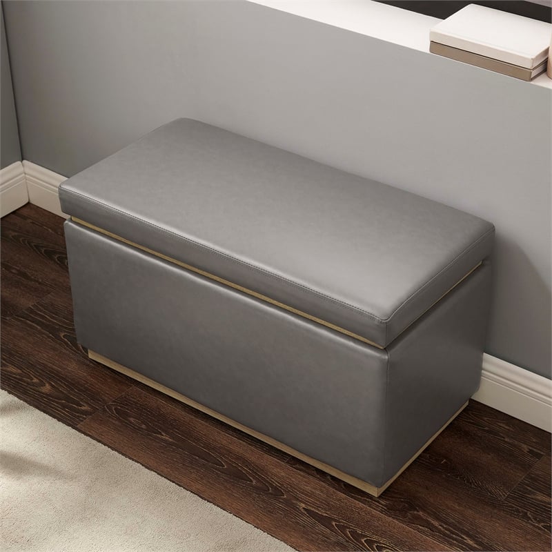 Bowery Hill Rectangle Storage Ottoman Natural Wood Trim in Grey Faux Leather