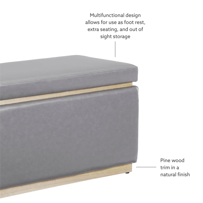 Bowery Hill Rectangle Storage Ottoman Natural Wood Trim in Grey Faux Leather