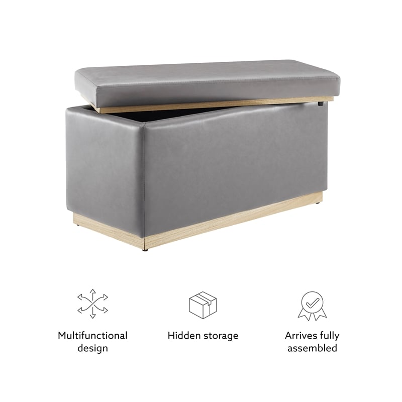 Bowery Hill Rectangle Storage Ottoman Natural Wood Trim in Grey Faux Leather