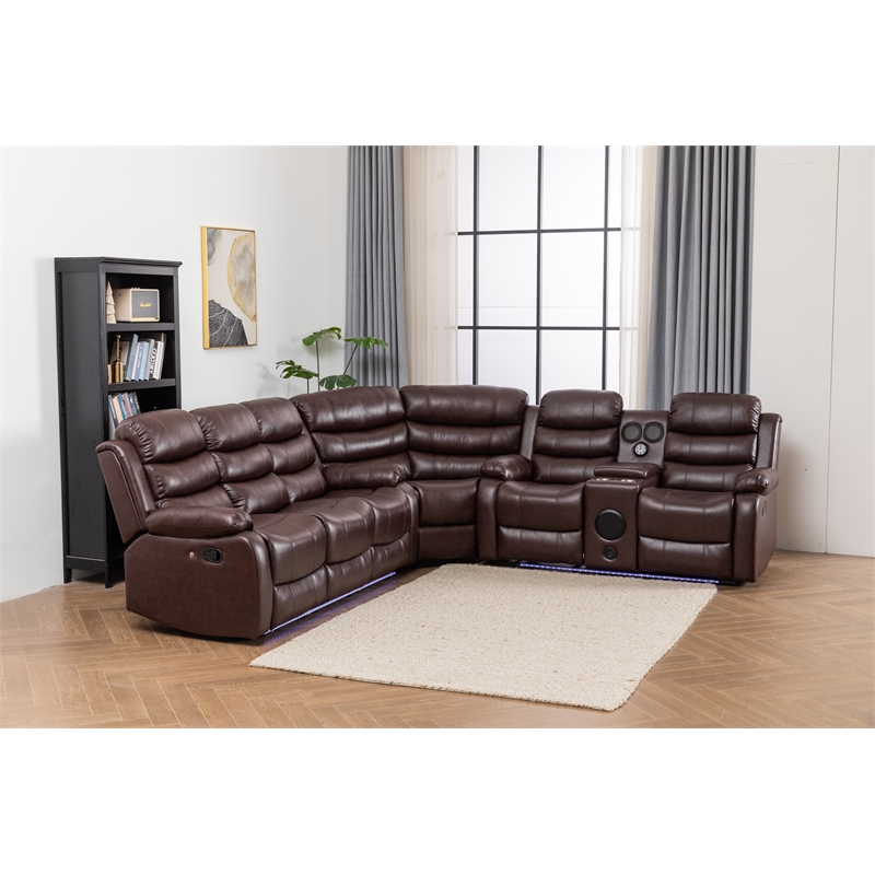 Bowery Hill Modern LED Faux Leather Reclining Sectional in Brown