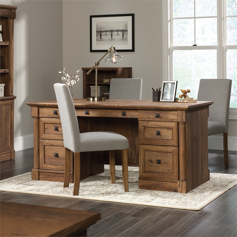 Bowery Hill Engineered Wood Office Executive Desk in Vintage Oak