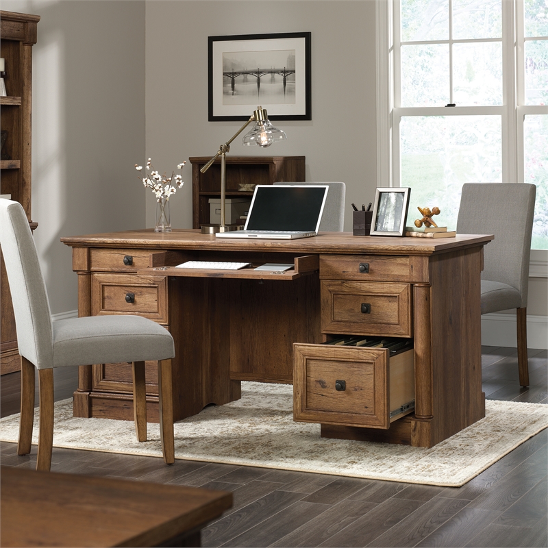 Bowery Hill Engineered Wood Office Executive Desk in Vintage Oak