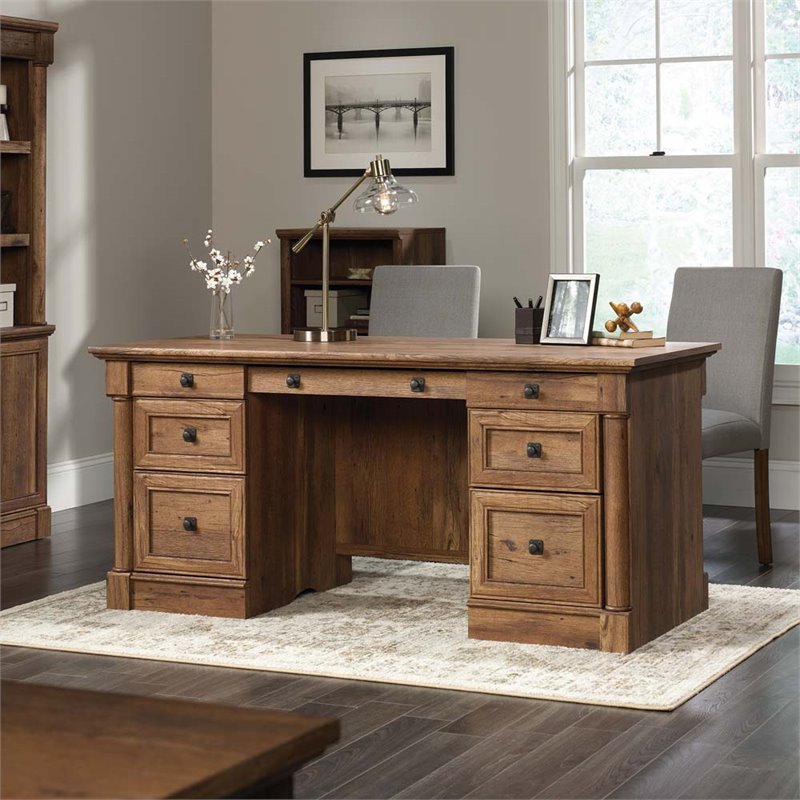 Bowery Hill Engineered Wood Office Executive Desk in Vintage Oak