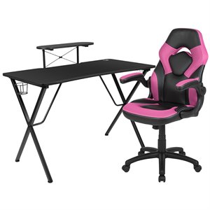 Bowery Hill Gaming Desk and Racing Swivel Chair Set in Black and Pink