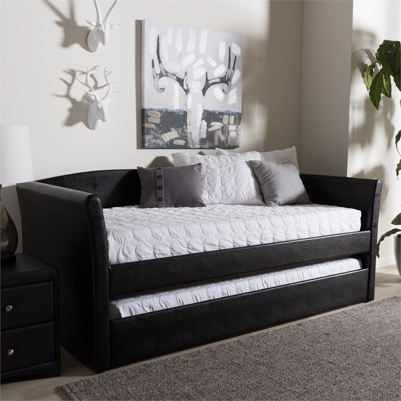 Bowery Hill Contemporary Faux Leather Daybed with Trundle in Black
