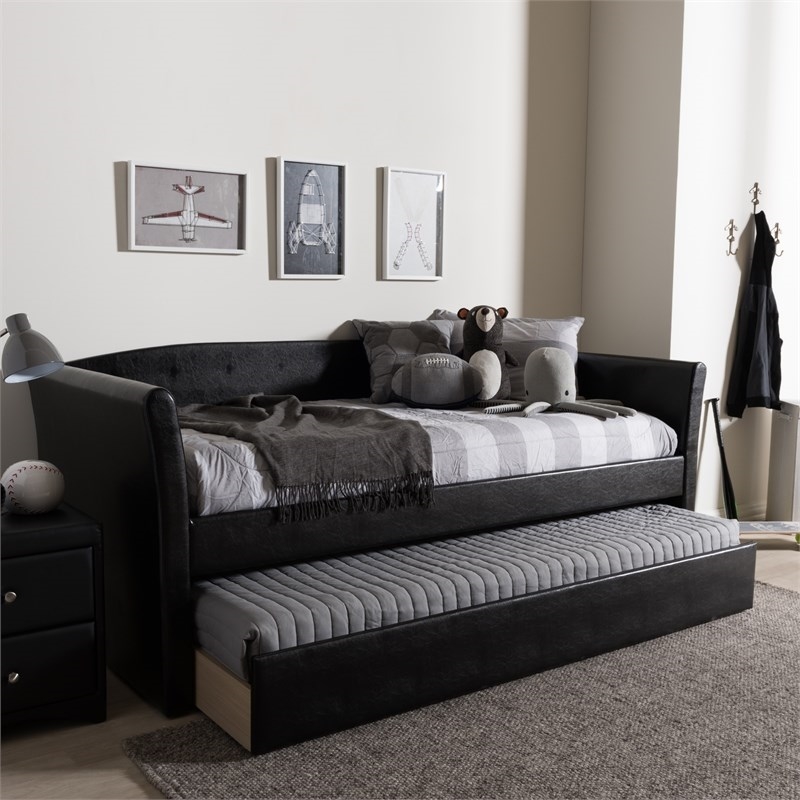 Bowery Hill Contemporary Faux Leather Daybed with Trundle in Black