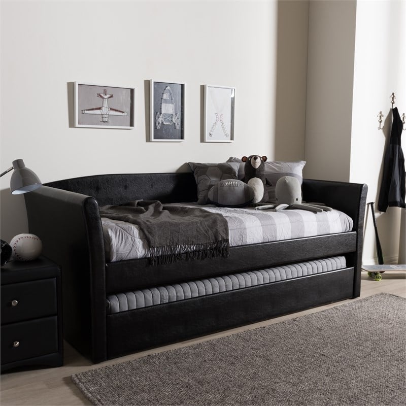 Bowery Hill Contemporary Faux Leather Daybed with Trundle in Black