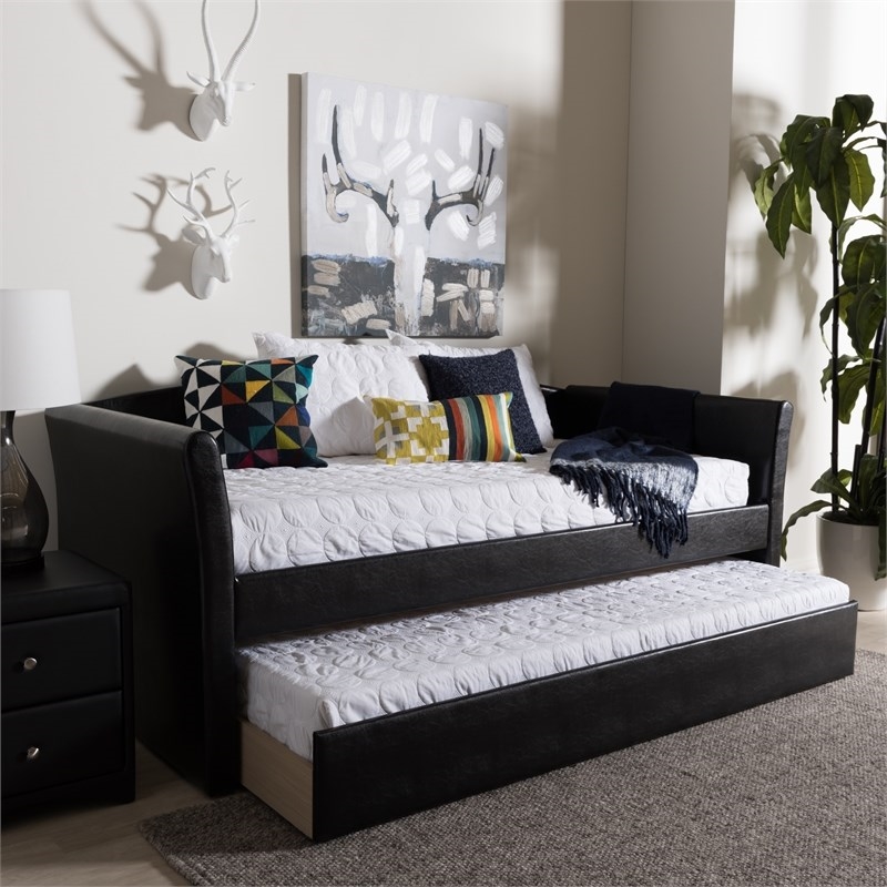 Bowery Hill Contemporary Faux Leather Daybed with Trundle in Black