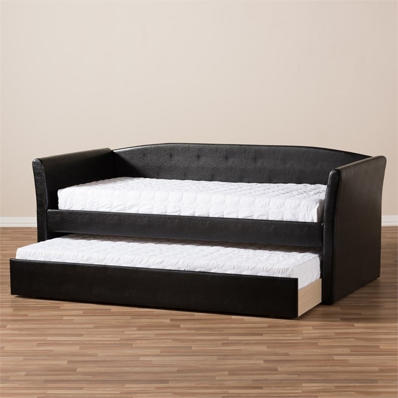 Bowery Hill Contemporary Faux Leather Daybed with Trundle in Black