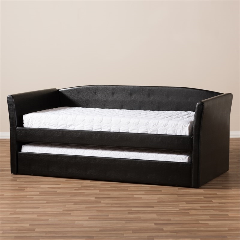 Bowery Hill Contemporary Faux Leather Daybed with Trundle in Black