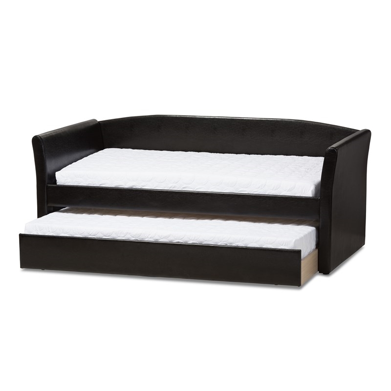 Bowery Hill Contemporary Faux Leather Daybed with Trundle in Black