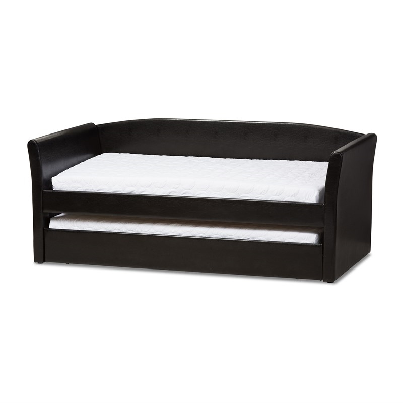 Bowery Hill Contemporary Faux Leather Daybed with Trundle in Black