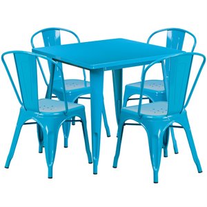 Bowery Hill 5 Piece 31.5&quot Square Metal Dining Set in Crystal Blue