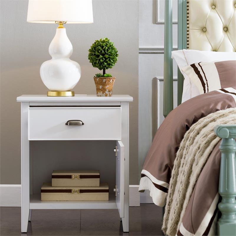 Bowery Hill Wood Nightstand with Drawer/Door Storage & AC/USB Outlet in White