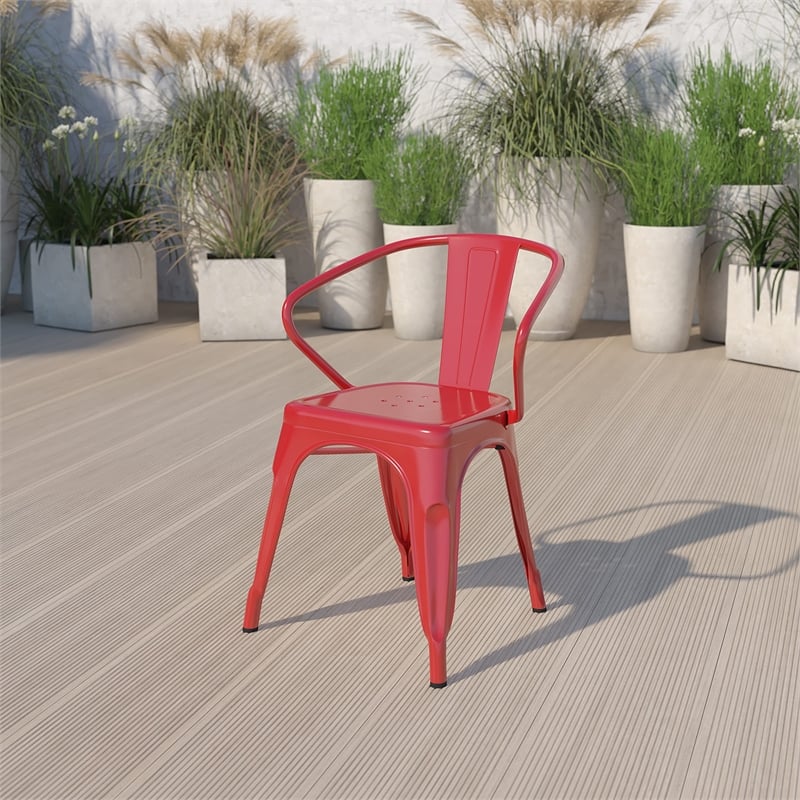 Bowery Hill Industrial Metal Stackable Dining Arm Chair in Red
