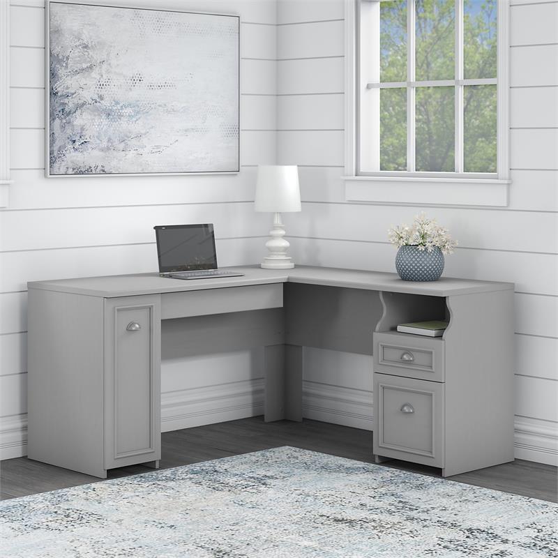 Bowery Hill Modern 60W L Shaped Desk with Storage in Cape Cod Gray
