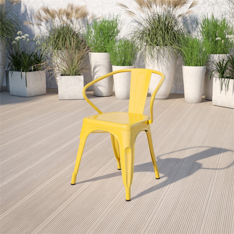 Bowery Hill Industrial Metal Stackable Dining Arm Chair in Yellow