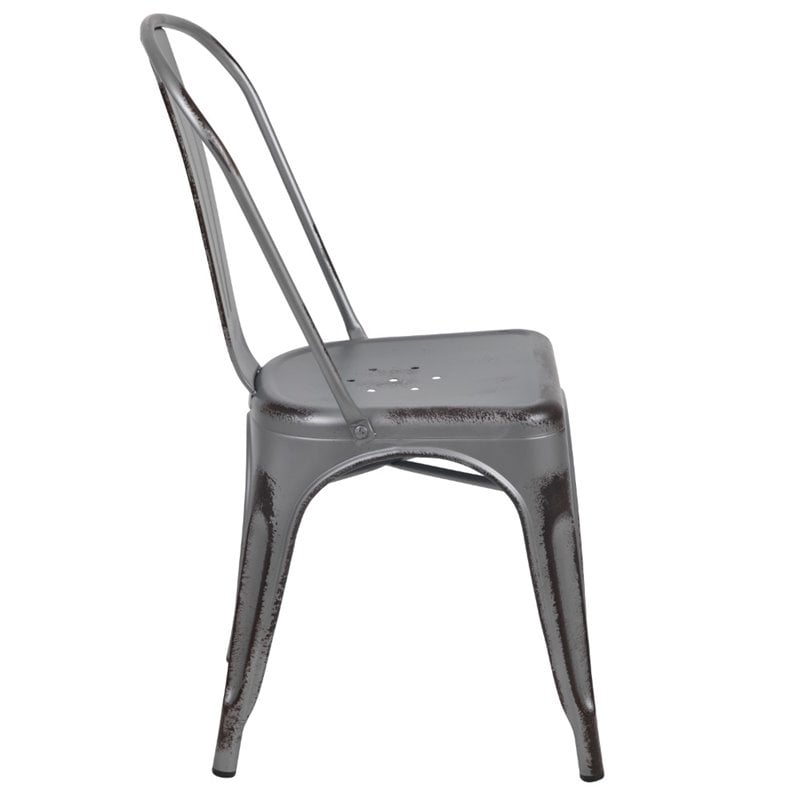 Bowery Hill Distressed Stackable Metal Dining Side Chair in Silver Gray
