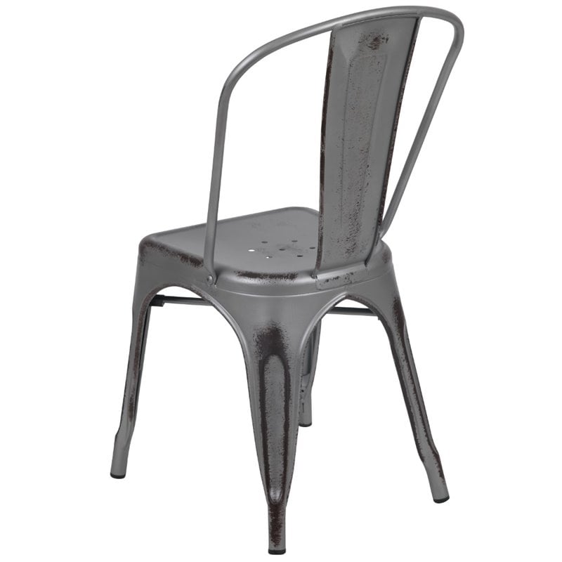 Bowery Hill Distressed Stackable Metal Dining Side Chair in Silver Gray