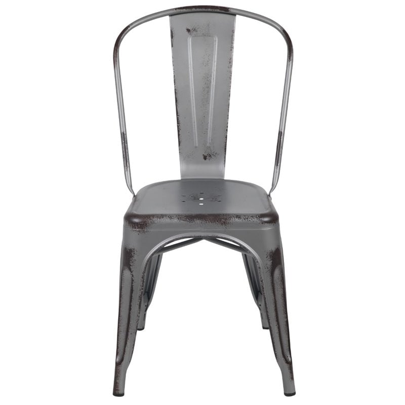 Bowery Hill Distressed Stackable Metal Dining Side Chair in Silver Gray