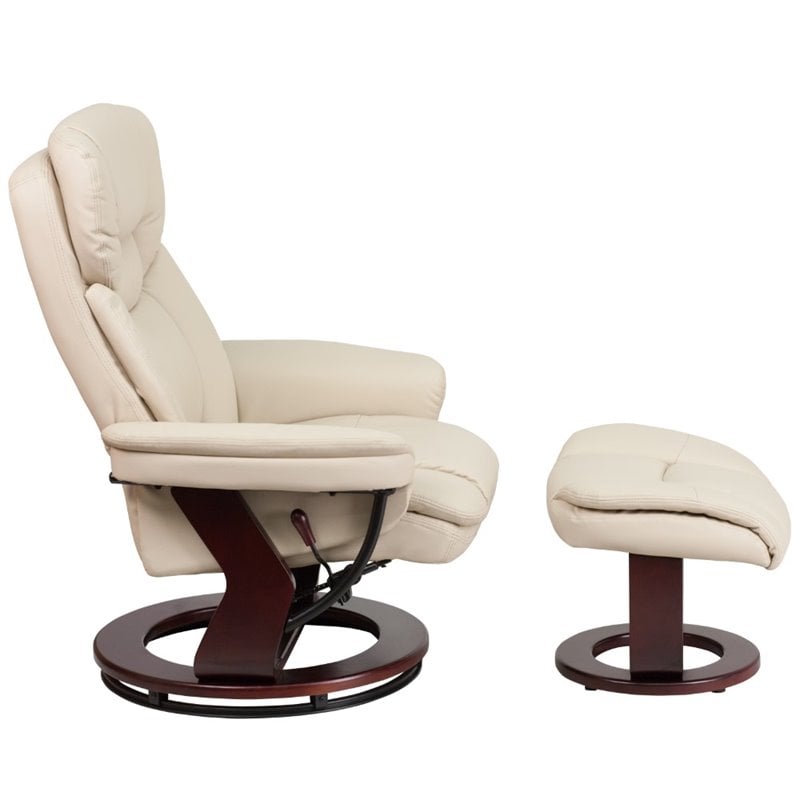 Bowery Hill Contemporary Leather Swivel Recliner and Ottoman in Beige